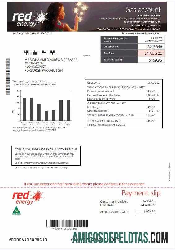 realista AUSTRÁLIA RED ENERGY Utility Bill Word e modelo PDF